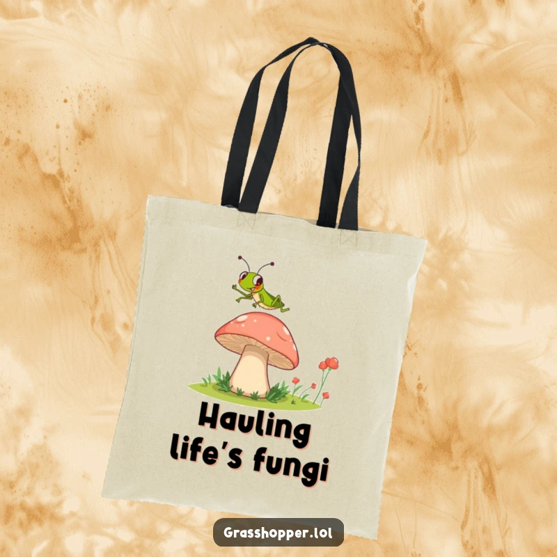 Funny Grasshopper Tote Bag with a grasshopper making an impressive jump over a colossal mushroom, great for shopping.