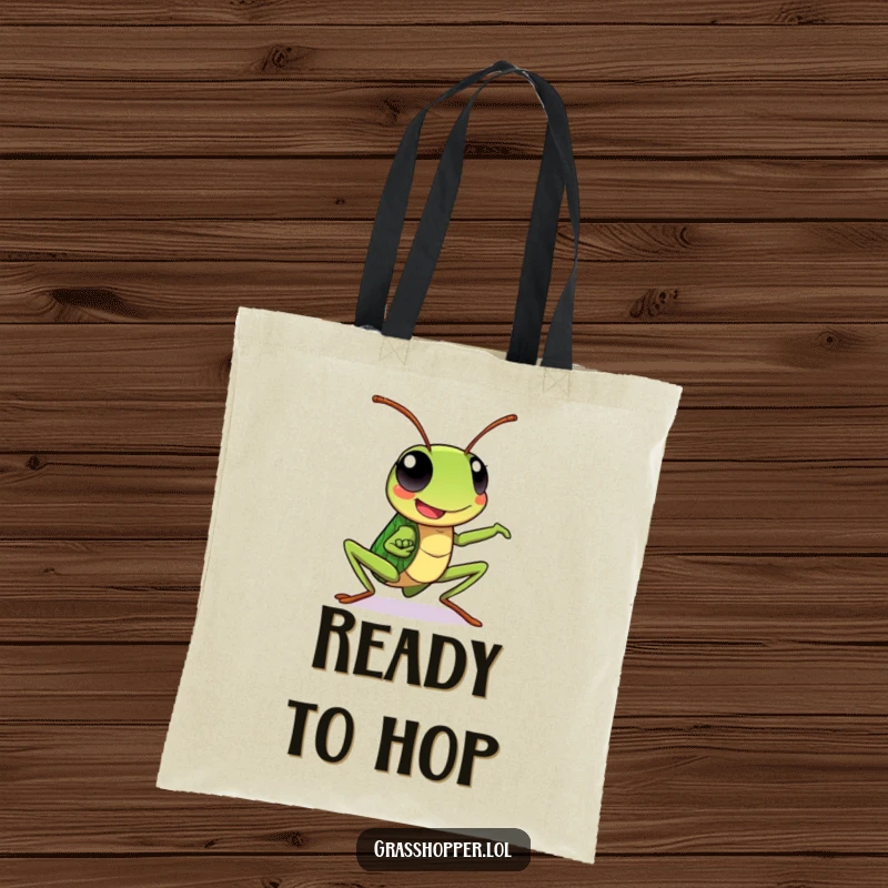 Kawaii grasshopper tote bag with a happy grasshopper in a dynamic pose, a functional and energetic accessory.