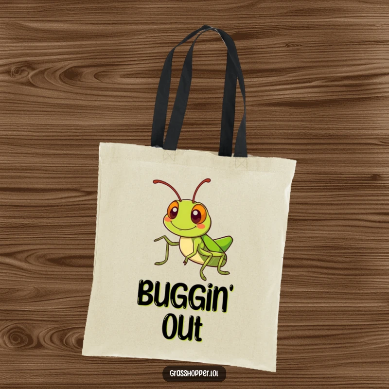 Kawaii grasshopper tote bag with a silly grinning grasshopper waving its antennae, a cute and functional accessory.