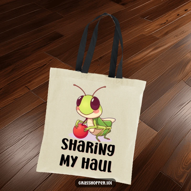 Funny grasshopper tote bag, with a friendly grin, sharing a berry, great for errands, a funny gift.